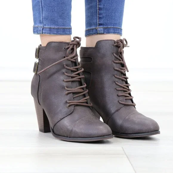 Lace-Up Brown Block Cone High Heeled Ankle Boots Pointed Toe - Picture 2 of 10